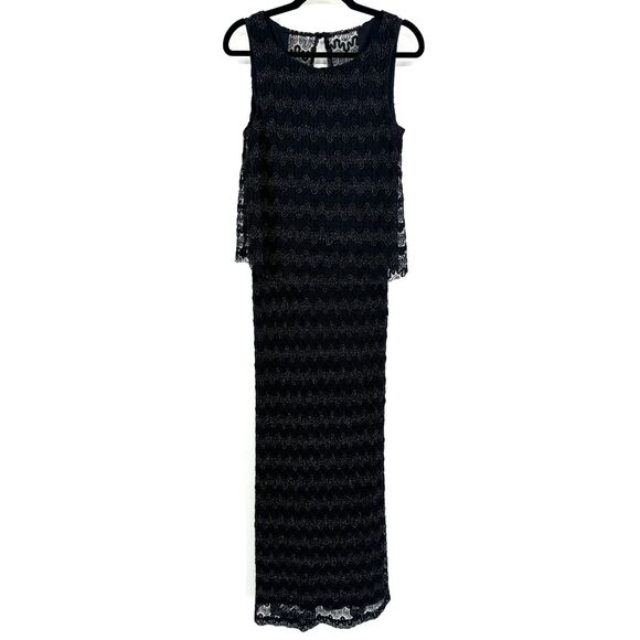 XSCAPE Black Silver Tiered Metallic Sleeveless Maxi Blouson Dress Gown Size 12 - Picture 1 of 8
